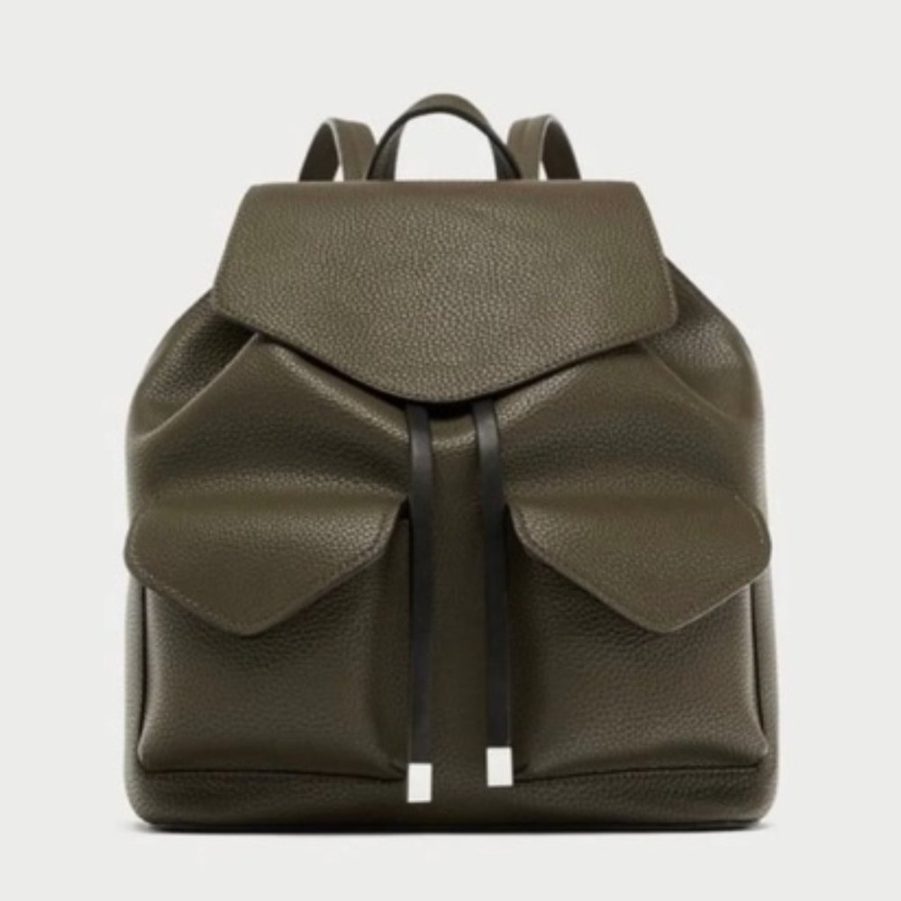 ZARA Khaki Faux Leather Backpack w/ Front Pockets - Picture 1 of 6